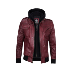 Men's Burgundy Leather Jacket with Removable Hood