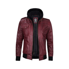 Men's Burgundy Leather Jacket with Removable Hood