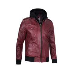 Men's Burgundy Leather Jacket with Removable Hood
