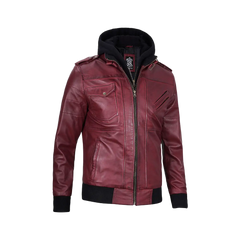 Men's Burgundy Leather Jacket with Removable Hood