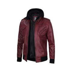 Men's Burgundy Leather Jacket with Removable Hood