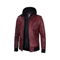 Men's Burgundy Leather Jacket with Removable Hood