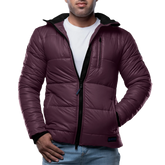 Men's Maroon Puffer Jacket with Hood - Down Insulation