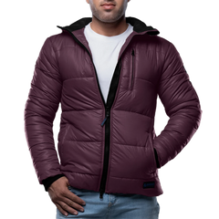 Men's Maroon Puffer Jacket with Hood - Down Insulation