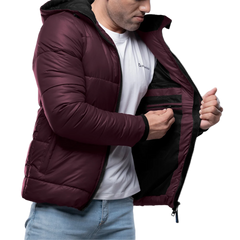 Men's Maroon Puffer Jacket with Hood - Down Insulation
