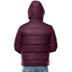 Men's Maroon Puffer Jacket with Hood - Down Insulation