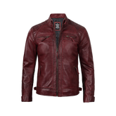 Men’s Burgundy Waxed Quilted Leather Motorcycle Jacket
