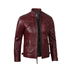 Men’s Burgundy Waxed Quilted Leather Motorcycle Jacket