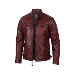 Men’s Burgundy Waxed Quilted Leather Motorcycle Jacket
