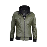 Men's Military Green Leather Jacket with Removable Hood