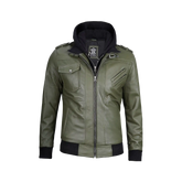 Men's Military Green Leather Jacket with Removable Hood