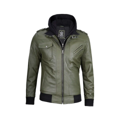 Men's Military Green Leather Jacket with Removable Hood
