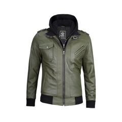 Men's Military Green Leather Jacket with Removable Hood