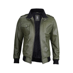 Men's Military Green Leather Jacket with Removable Hood
