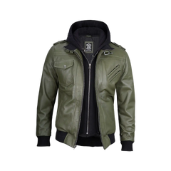 Men's Military Green Leather Jacket with Removable Hood