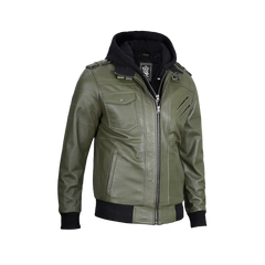 Men's Military Green Leather Jacket with Removable Hood