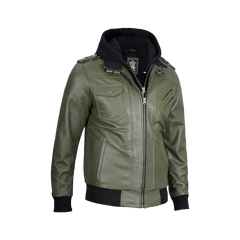 Men's Military Green Leather Jacket with Removable Hood