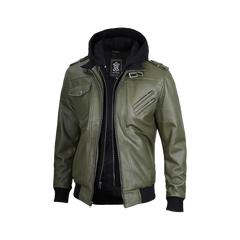 Men's Military Green Leather Jacket with Removable Hood
