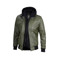 Men's Military Green Leather Jacket with Removable Hood