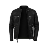 Men’s Moto Black Biker Leather Jacket with Padded Shoulders
