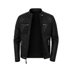 Men’s Moto Black Biker Leather Jacket with Padded Shoulders