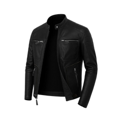 Men’s Moto Black Biker Leather Jacket with Padded Shoulders