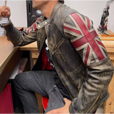 Men's Motorcycle Vintage Racer Union Jack Lambskin Leather Distressed Jacket