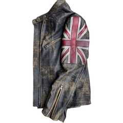 Men's Motorcycle Vintage Racer Union Jack Lambskin Leather Distressed Jacket
