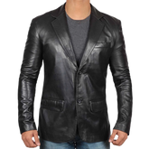 Men's Notch Lapel Two Button Black Leather Blazer Jacket