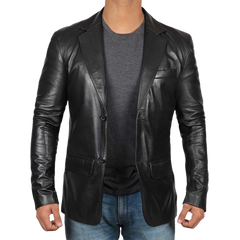 Men's Notch Lapel Two Button Black Leather Blazer Jacket