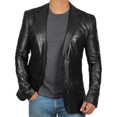 Men's Notch Lapel Two Button Black Leather Blazer Jacket