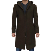 Men's Olive Green Long Wool Coat with Attached Hood