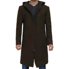 Men's Olive Green Long Wool Coat with Attached Hood