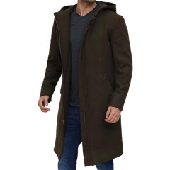 Men's Olive Green Long Wool Coat with Attached Hood