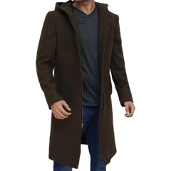 Men's Olive Green Long Wool Coat with Attached Hood