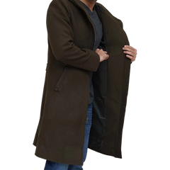 Men's Olive Green Long Wool Coat with Attached Hood