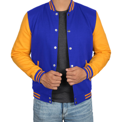 Men's Plain Blue and Yellow Varsity Letterman Jacket