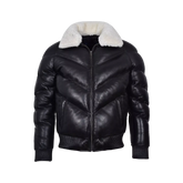 Men's Puffer Leather Jacket Fur Collar WARM Bomber Black