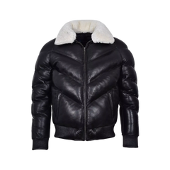 Men's Puffer Leather Jacket Fur Collar WARM Bomber Black
