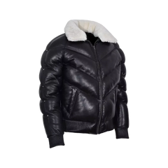 Men's Puffer Leather Jacket Fur Collar WARM Bomber Black