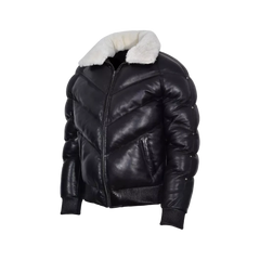 Men's Puffer Leather Jacket Fur Collar WARM Bomber Black