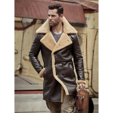 Men's RAF Trench Coat Brown Real Sheepskin Shearling Leather Jacket