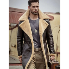 Men's RAF Trench Coat Brown Real Sheepskin Shearling Leather Jacket