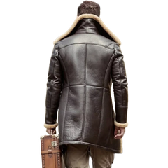 Men's RAF Trench Coat Brown Real Sheepskin Shearling Leather Jacket