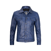 Mens Real Lambskin Leather Blue Trucker Jacket