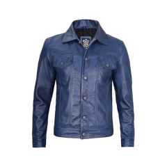 Mens Real Lambskin Leather Blue Trucker Jacket