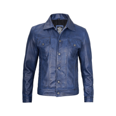 Men's Real Lambskin Leather Blue Trucker Jacket