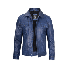 Mens Real Lambskin Leather Blue Trucker Jacket
