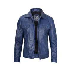 Men's Real Lambskin Leather Blue Trucker Jacket