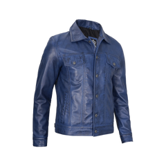 Mens Real Lambskin Leather Blue Trucker Jacket
